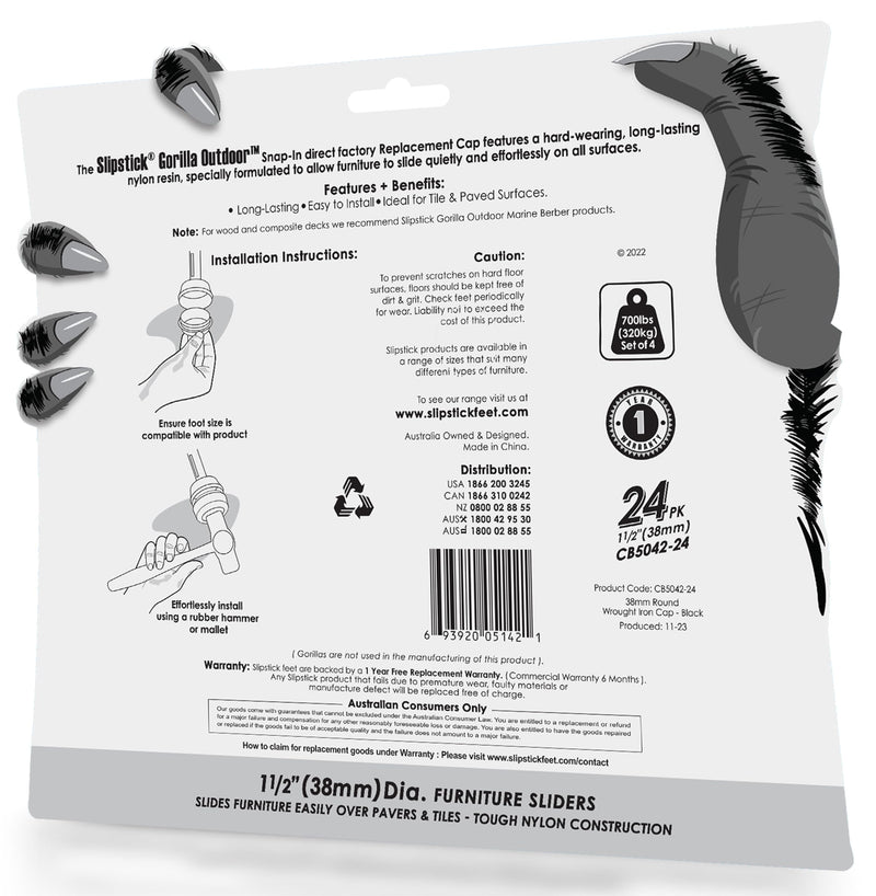 Slipstick Gorilla Outdoor 1-1/2 Inch Patio Chair Leg Caps for Wrought Iron Furniture (24 Pack) Floor Protecting Replacement Feet Glides for Metal Tables and Chairs, Nylon Sliders