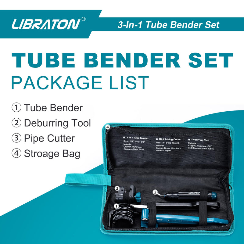 LIBRATON Tube Bender, Copper Tubing Bender 180 Degrees, 3-in-1 Manual Tubing Bending Tool 1/4", 5/16", 3/8", Copper Tube Bender Set with Mini Tube Cutter & Deburring Tool, for Aluminum Brass Pipes