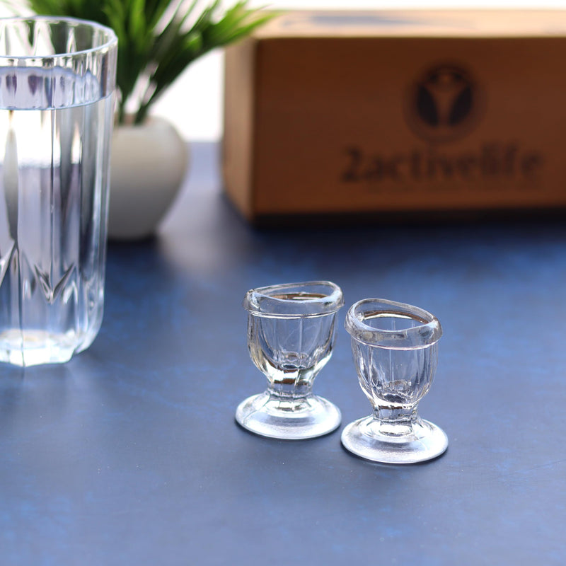 Glass Eye Wash Cups (Set of 2) with Storage Container | Eye Cleaner Solution for Tired Eyes, Eyestrain, Makeup, and Dust | Eye-Shaped Rim for Eye Rinse and Cleansing - Transparent
