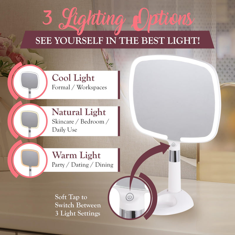 MIRRORVANA Lighted Travel Hand Mirror with Comfy Handle and Detachable Stand - Portable, Thin and Lightweight Design - Rechargeable with 3 LED Light Settings - 9" x 13" (White) White