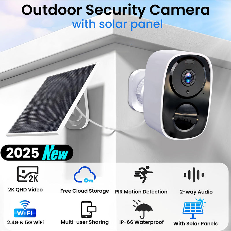 2025 Upgraded 2K Security Cameras Wireless Outdoor with Solar Panels, Free Cloud Storage, AI Motion Detection Spotlight Siren Alarm Outdoor Camera Wireless, 2-Way Talk, IP66 Waterproof White-Camera with Solar Panel