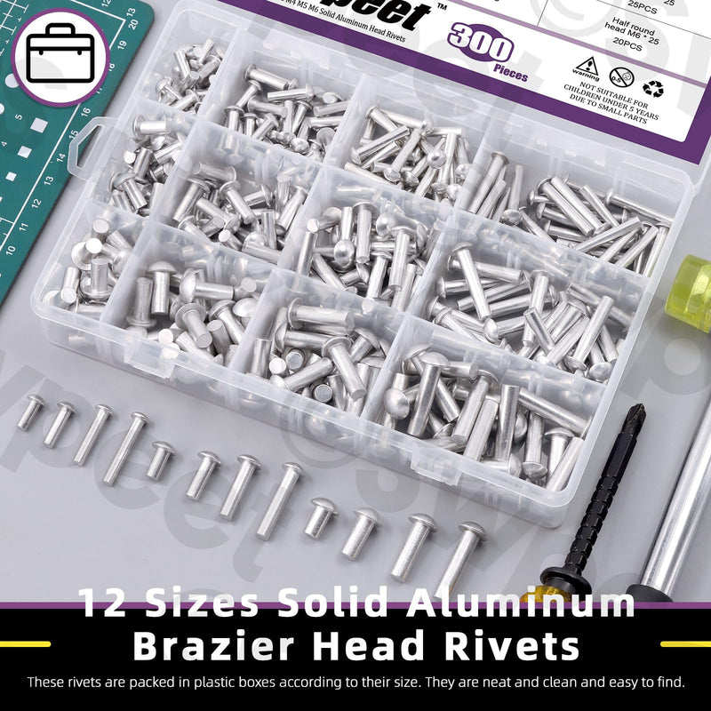 Swpeet 300 Pack M4 M5 M6 × 10mm 14mm 20mm 25mm Solid Aluminum Brazier Head Rivets, Aluminum Rivet, Plain Finish, Universal Head, High Corrosion Resistance for Repairing Boats, Aircraft, Making Armor