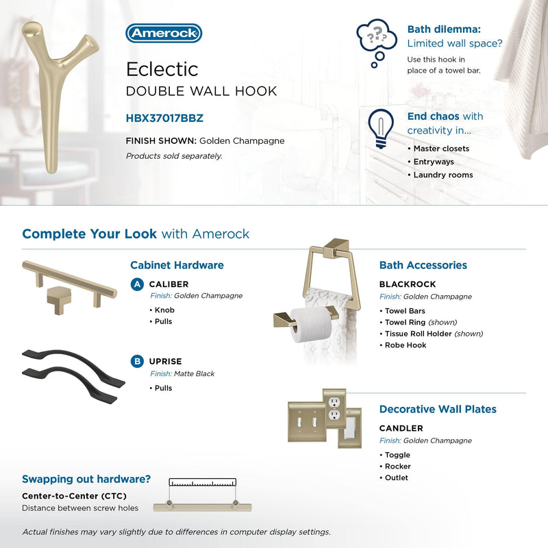 Amerock HBX37017BBZ | Kodiak Double Prong Decorative Wall Hook | Golden Champagne Hook for Coats, Hats, Backpacks, Bags | Hooks for Bathroom, Bedroom, Closet, Entryway, Laundry Room, Office