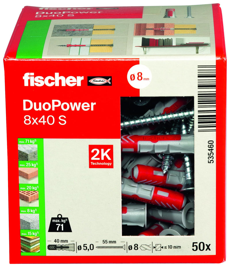 Fischer DuoPower 8 x 40 S, Powerful Universal Plug with Safety Screw, Intelligent 2-Component Technology for fastenings in Concrete, Bricks, Stone, Gypsum plasterboard, etc., 50 Plugs & 50 Screws 8 x 40 mm Countersunk