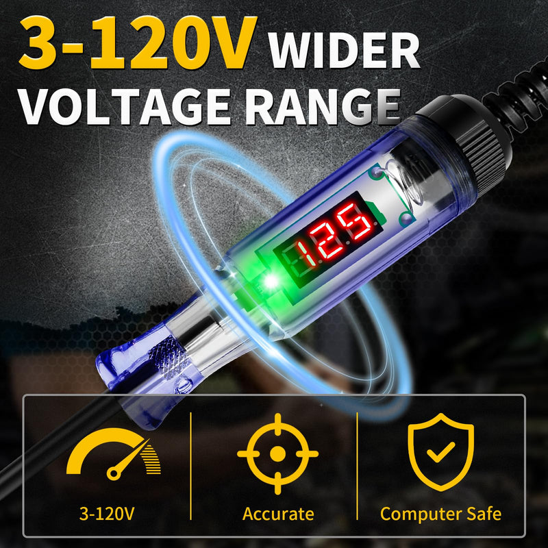 Test Light Automotive 3-120V DC LED Digital Circuit Tester with Voltage Display, Auto Bidirectional Voltage Tester, Electric Test Probe Pen for Car Battery Polarity Continuity Fuses