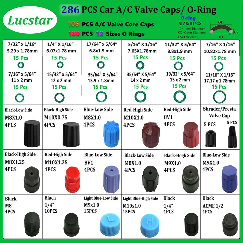 Lucstar 286 PCS Car A/C Caps, R12 R134a Air Conditioning Service System Charging Port Caps, Fuel Pressure Relief Valve Cap, Presta Schrader Valve Cap, AC Low/High Pressure Port Cap Auto Replacement 286PCS