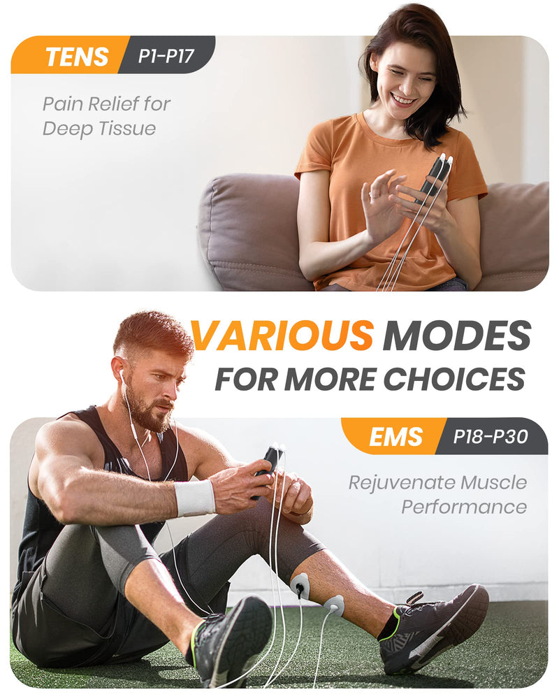 30 Modes TENS EMS Unit Compact Muscle Stimulator for Pain Relief, Rechargeable & Portable Dual Channel EMS Muscle Stimulator with 30 Intensity Levels and 12 Electrode Tens Unit Replacement Pads Black