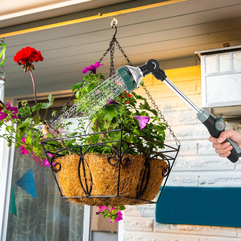 Watering Wand for Garden Hose, 17.5 Inch, 8 Spray Patterns, Garden Hose Nozzle with Thumb Flow Control, Adjustable Water Sprayer with Pivoting Head, Ideal for Hanging Baskets and Shrubs Green
