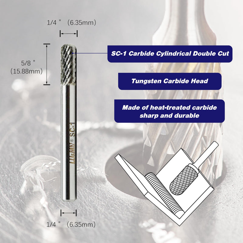 Tungsten Carbide Burr Cylinder Ball Nose Shape SC-1 Double Cut Rotary Burr File (1/4" Cutter Dia X 5/8" Cutter Length) with 1/4'' Shank, 4PCS Bundle by LU&MN 4