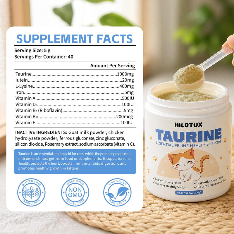 Taurine for Cats, Taurine Supplement, Pure Taurine Powder Supplement for Heart, Vision, Immunity & Daily Vitality, Unflavored, Easy Mix - 200g (40 Servings)