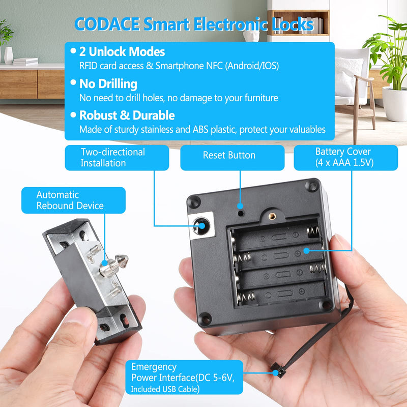 CODACE RFID Cabinet Lock, Smart NFC Electronic Locks for Wooden Cabinet Cupboard Pantry Drawer-2Pack 2