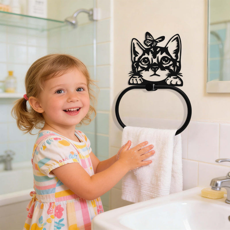 Black Metal Peeping Cat & Butterfly Wall Mounted Towel Ring, Funny Design Decor Accessories, Artistic Animal Towel Holder Decorative Gift for Cat Lovers, Home Kitchen Restroom Laundry Room