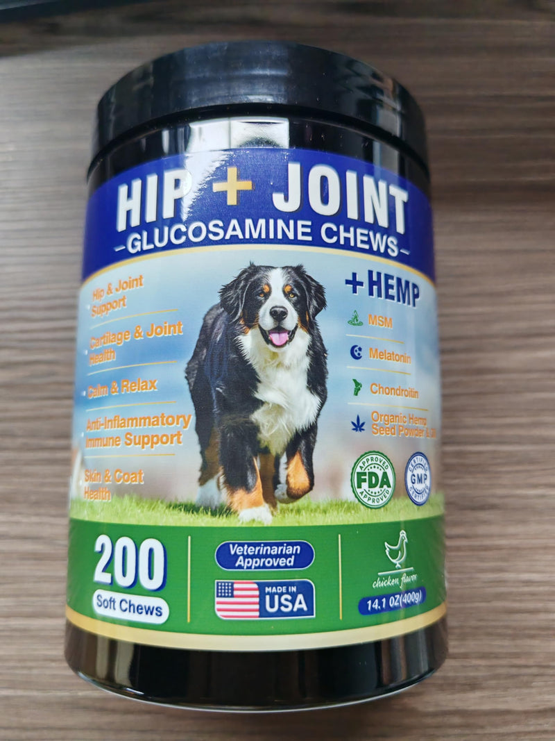 200ct Hip and Joint Supplement for Dogs Dog Calming Chews with Hemp Glucosamine, MSM, Chondroitin, Omega-3, Melatonin for Senior Dogs Anxiety, Pain Relief Anti Inflammatory Small/Medium/Large Breed