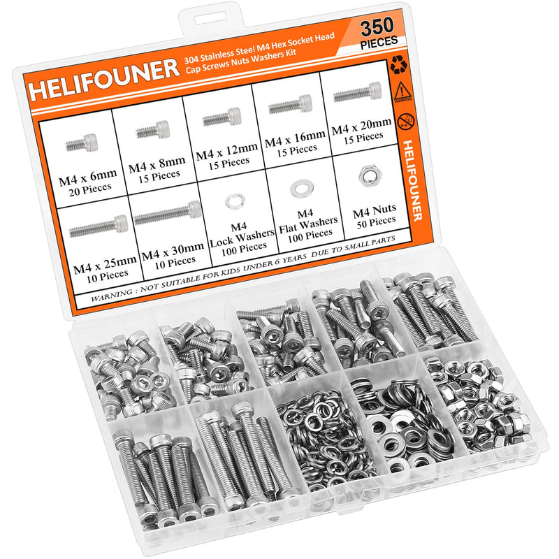 350 Pieces M4 x 6mm /8mm /12mm /16mm /20mm /25mm /30mm, Hex Socket Head Cap Screws Bolts Washers Nuts Kit, 304 Stainless Steel Socket Head Screws