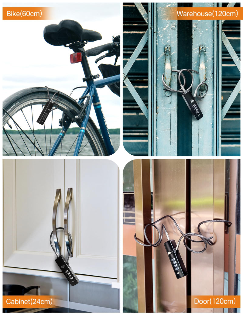 Portable Cable Lock, Small Combination Rope Lock, with 3 Replaceable Steel Ropes (9’’ / 23.6’’ / 47.2’’), Wire Lock for Cabinet, Bike, Luggage, Gate, Door, Fence, (Gun-Grey, 1 Pack) Gun-grey
