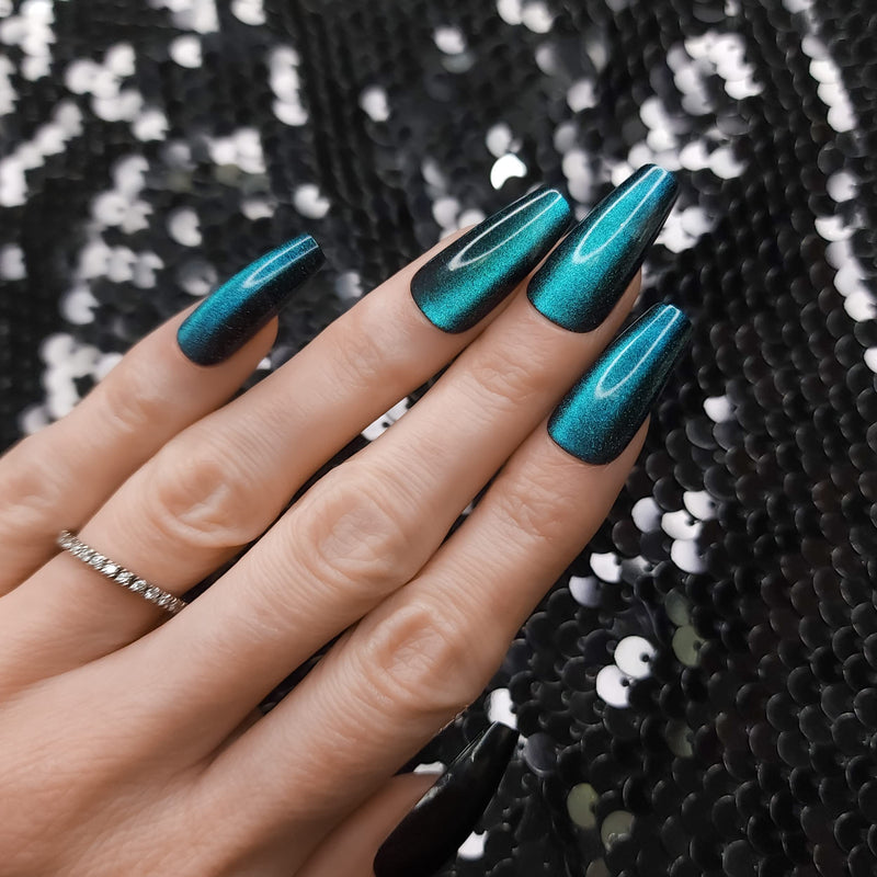Hypnaughty Press On Nails - Ocean & Galaxy Cat Eye Coffin, Trendy & Salon Quality Reusable Nails With Kit