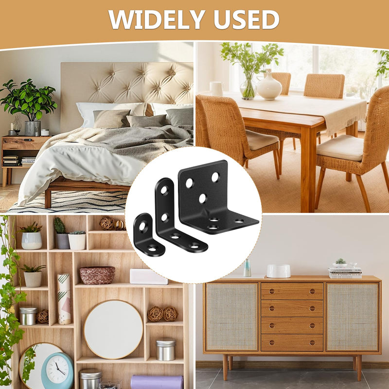 25Pcs L Brackets for Shelves, 3 Sizes Angle Corner Braces Metal L Bracket Heavy Duty for Wood, Sturdy and Rustproof for Repairing Furniture with 82Pcs Screws Mounting Bracket Easily Black 3 SIZE Black