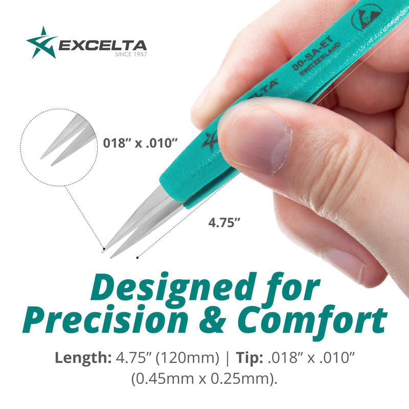 Excelta 00-SA-ET Stainless Steel Precision Tweezers, Straight Medium Point, Anti-Magnetic, ESD-Safe, Heat-Resistant, Anti-Static, Ergonomic, Professional-Grade for Lab, Electronics, Medical & Crafting 5" Straight Strong Point