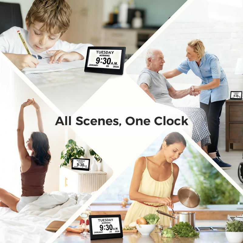 7'' Digital Clock, Dementia Clock With Date And Time, 10 Reminders, 6 Alarms, Auto-Dimming, Auto DST, Remote Control, Large Display Alarm Clock For Seniors, Gifts For People With Dementia, Alzheimers 7" Black