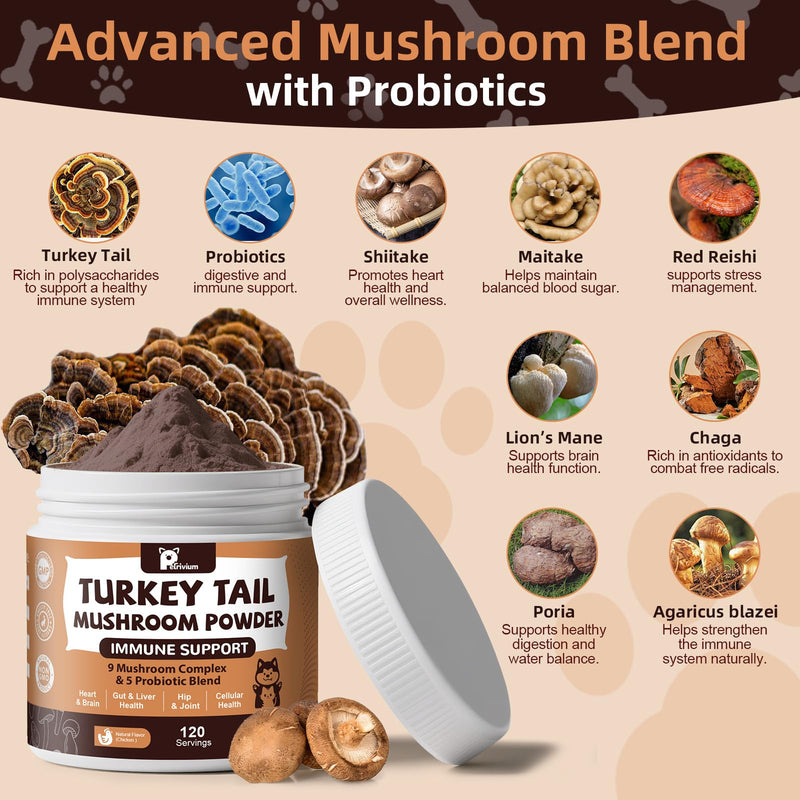 Mushroom Supplement with Probiotics for Dogs & Cats, Turkey Tail Mushroom for Pets - Mushroom Powder for Immune Boost & Overall Health- Partner Guard for Dogs Lumps and Bumps 1-Pack