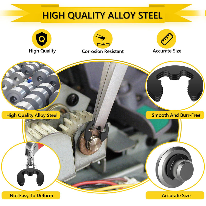 External Retaining Rings, 330PCS Alloy Steel Retaining Rings E-Clip Assortment Set-M1.5 M2 M2.5 M3 M3.5 M4 M5 M6 M7 M8 M9 M10 M12 M15 E-Clips Retainer Circlip Rings for Bearings, Gears, Pulleys, Axles Black Alloy 330PCS E-Clips