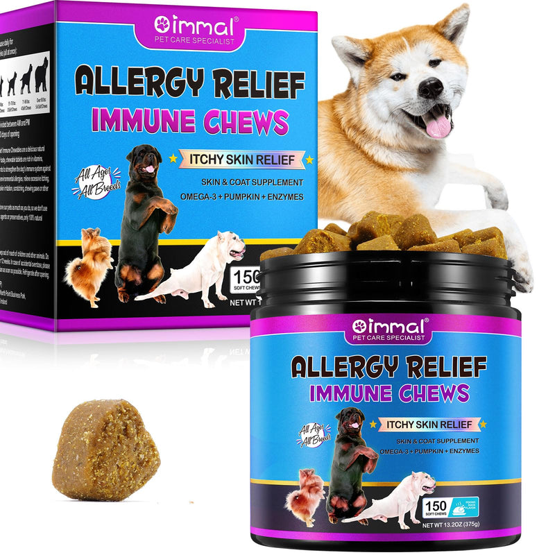 Dog Allergy Relief Chews, Dog Allergy Chews (150 Count), Itch Relief for Dogs, Omega 3 Fish Oil + Pumpkin Enzymes + DHA for Dogs, Anti Hot Spots + Seasonal Allergies, Skin & Coat Immune Health O-Dog Allergy 150 chews