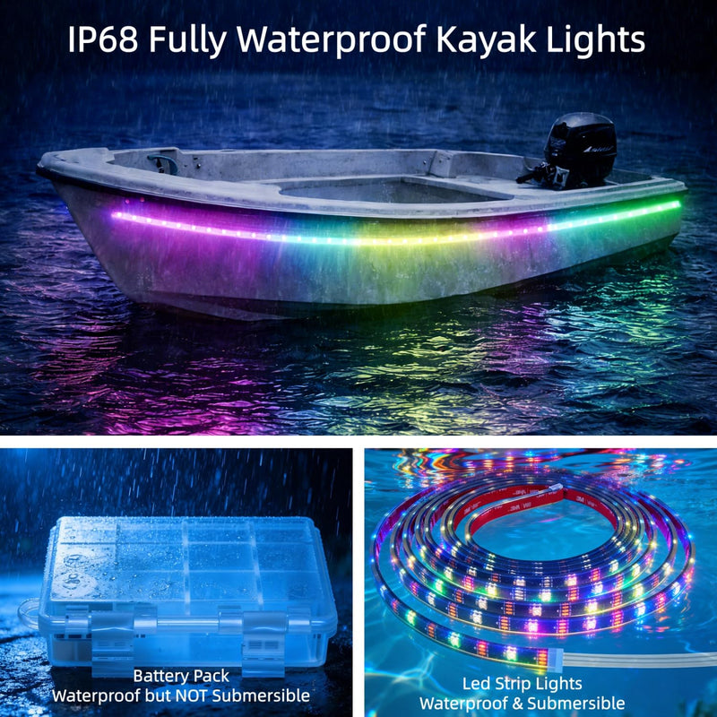 Battery Powered RGB+IC Dream Color Chasing Marine Boat LED Strip Lights with Remote, 16.4FT IP68 Waterproof WS2812B Addressable Kayak SUP Light for Pontoon, Paddleboard, Canoes, Golf Cart 1 x 16.4FT