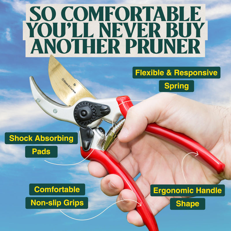 Haus & Garten ClassicPRO 8.5" Professional Premium Titanium Bypass Pruning Shears - Use As Pruners, Garden Shears, Heavy Duty Handheld Pruning Shears For Gardening, Clippers, Pruner Scissor Tool Red