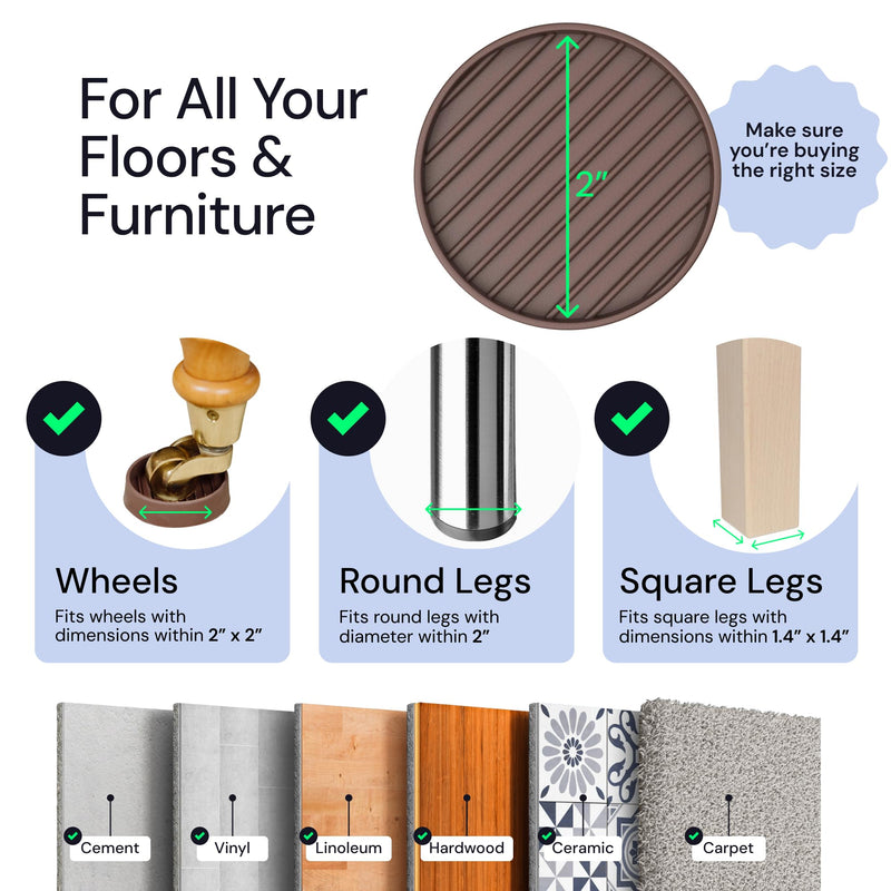 CasterMaster Non Slip Furniture Pads for Hardwood Floors - 2x2 Brown Round Rubber Feet for Furniture - Anti Slip Couch Stoppers to Prevent Sliding - Set of 4 Bed Stoppers