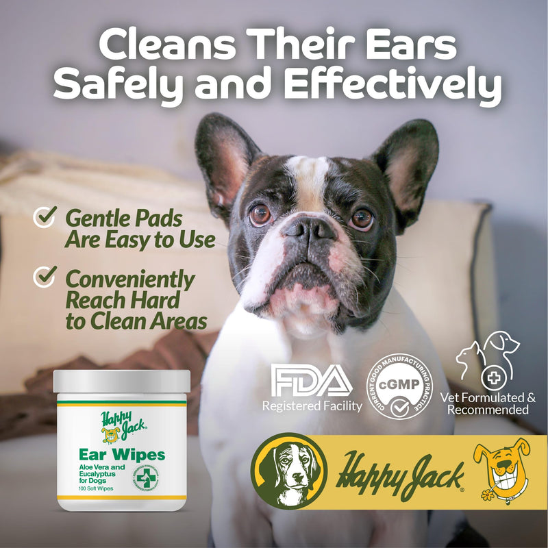 HAPPY JACK Dog Ear Wipes with Aloe Soothe Itch and Discomfort from Dog Ear Infection, Aloe Vera-Cucumber Pet Cleaner Wipes are Great for Pup's Itchy Relief, 100 Ct - PawsPlanet Australia