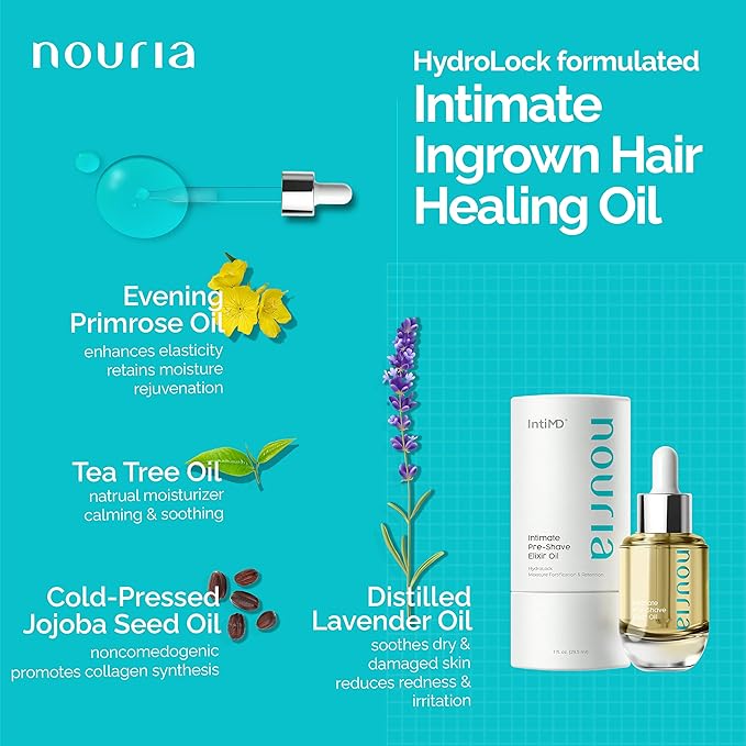 NOURIA Intimate Preserve Elixir Oil by Koochy Plus HydroLock Moisturizer Conditioner Nourishing Formula helps with buried hair, razor ridges and scalds in bikini area, legs and armpit hair - NewNest Australia