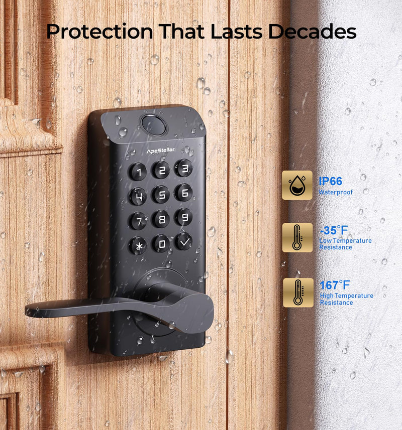 Fingerprint Keyless Entry Door Lock, Biometric Door Knob with Handle, Keypad Digital Code Lock for Front Door, Superior Durability & Voice Guidance, Matte Black