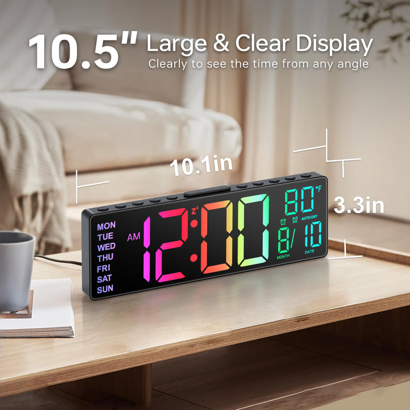 JALL 10.5'' Digital Large Alarm Clock with 8-in-1 RGB Colors, Date, Month, Temperature LED, Auto DST, Modern for Desk, Wall, Living Room, Bedroom, Birthday Xmas Gift (Black, 10.5 inches) Black