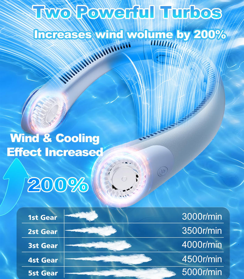 Portable Neck Fan With LED Display, Hands-free 5 Speeds Cooling, Neck Support, Lightweight, Battery Operated, Personal Bladeless Fan Rechargeable, Gift for Women Men, Hot Flashes, Travel, Camping ocean blue