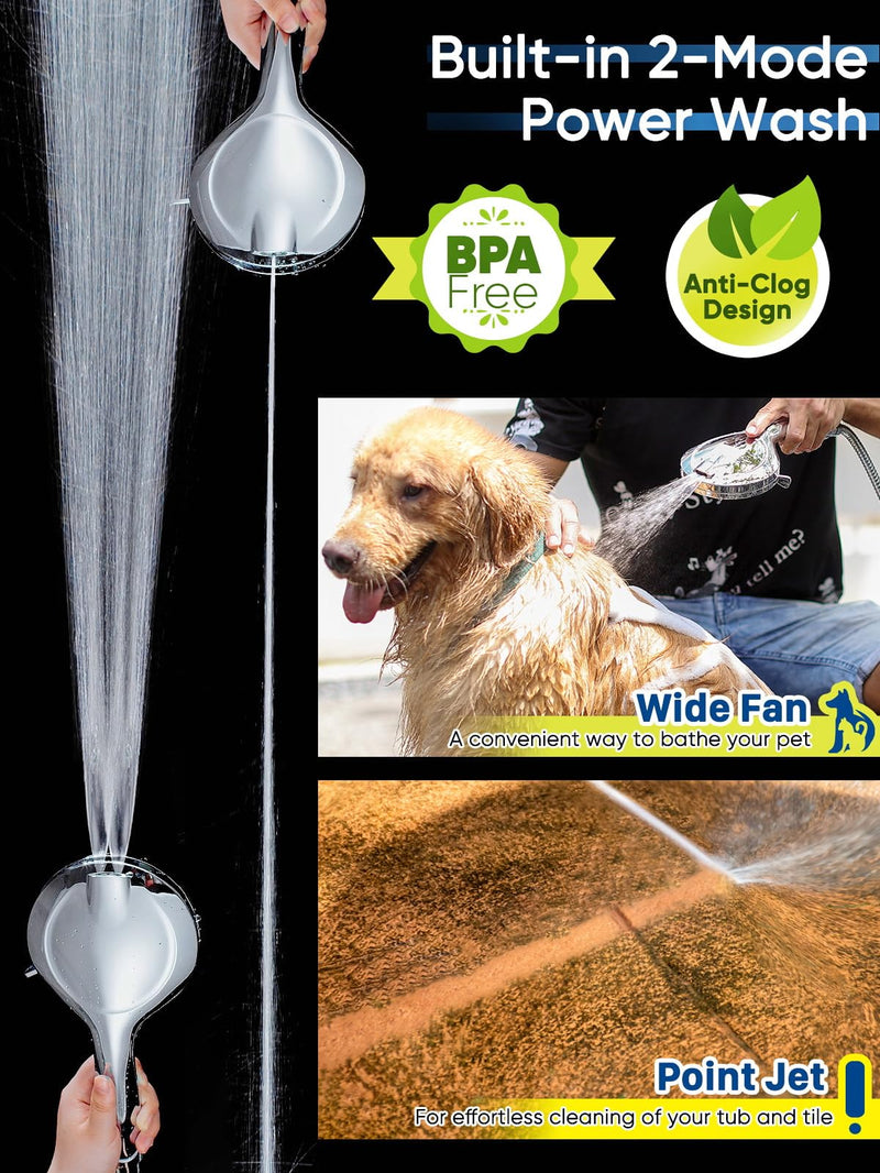 Pavezo® High Pressure Shower Head Handheld 5" Large, Extra Long 60" SS Hose 10-mode Portable Detachable Shower Head with Hard Water Filter for Bathroom, Anti-clog & Powerful to Clean Tile & Pets Chrome