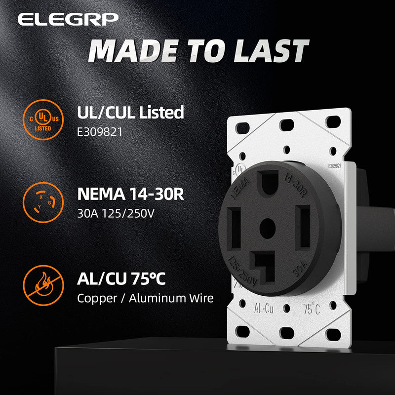 ELEGRP 30 Amps 125/250V Dryer Outlet, Flush Mounting Power Outlet, NEMA 14-30R, Straight Blade Heavy Duty Dryer Receptacle, Grounding, 3 Pole 4 Wire, UL Listed, 1 Pack NEMA 14-30R Outlet