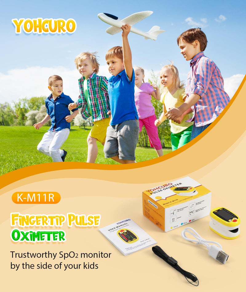 Pediatric Pulse Oximeter, Rechargeable Oximeter for Kids, Baby Oxygen Monitor, Blood Oxygen Saturation, Pulse Rate Monitor, Cute Cartoon Design, USB-C Charging (Yellow)