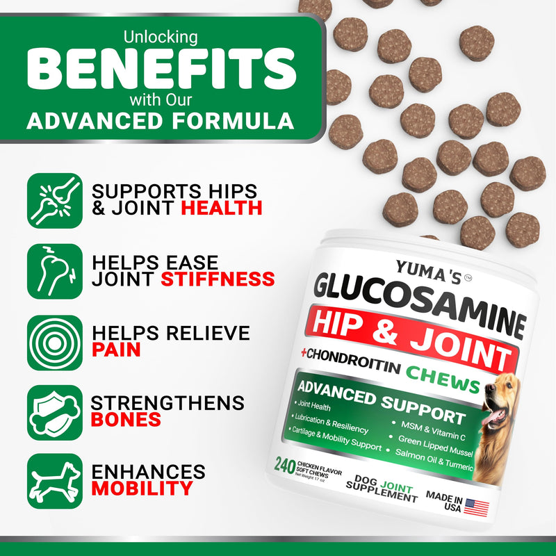 Glucosamine for Dogs - 240 Chews - Hip and Joint Supplement for Dogs - Advanced Glucosamine Chondroitin Treats with MSM - Joint Pain Relief - Large & Small Breed - Mobility Support - Made in USA Glucosamine Chews