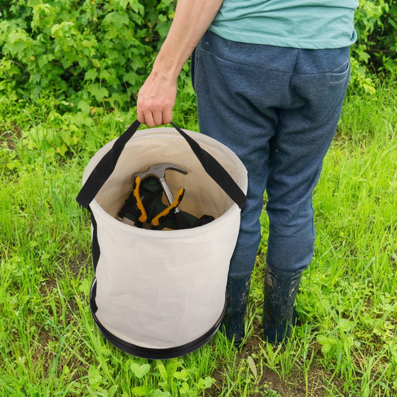 Lemecima Utility Canvas Bucket 15" x 12" All Purpose Truck Tool Bucket Bag Organizer with Plastic Bottom Metal Hook for Store Work Tool Accessory, Load Capacity up to 150 Lbs