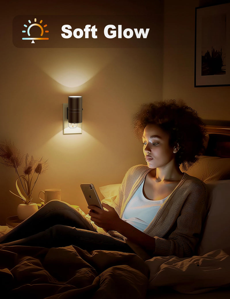 Night Lights Plug into Wall, Dimmable Night Light Plug in, Modern Night Lights with Dusk to Dawn Light Sensor, Soft White 3000K, 0-100LM Adjustable Brightness Nightlight for Hallway Bedroom, 2 Pack Warm - Black Shade
