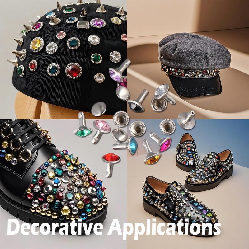 Uniquer 300 Sets 8MM Cz Crystal Rivets 10 Colors Rhinestone Rivets Studs Rapid Rivets Accessories for DIY Leathercraft Making