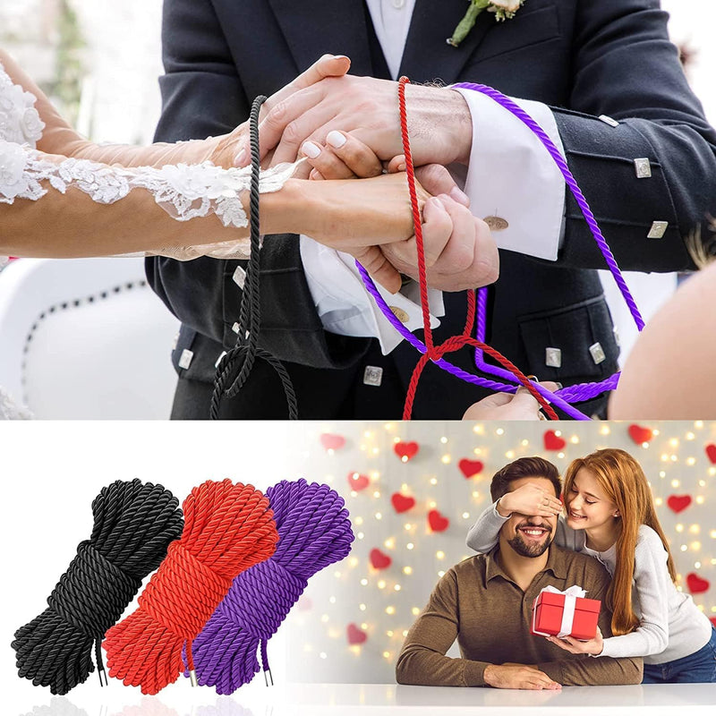 Silk Rope, Skin Friendly Soft Rope Durable, 32 Feet 8 mm Multipurpose Long Satin Braided Twisted Rope (2x8ft Black+16ft red+32ft Purple) 2x8ft Black+16ft red+32ft Purple