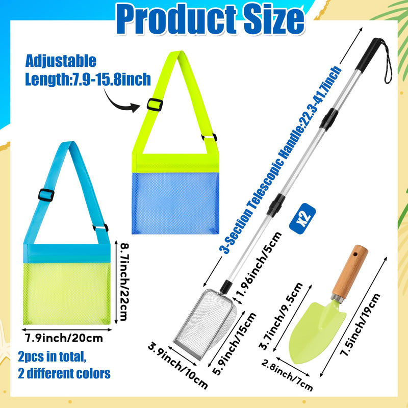 Beach Sand Sifter Set – 2 Retractable Sand Screens, Metal Shovel & 2 Seashell Mesh Bags, Adjustable Handle Scoop Tool for Beachcombing Collecting Shells Shark Teeth Treasure Hunting