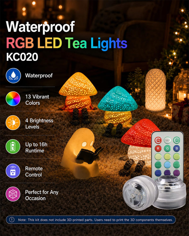 Mini Waterproof RGB LED Tea Lights with Remote Control for Bambu Lab KC020,3D Print Battery Powered LED Light Kit,Small Multicolor LED Flame Tea Light Candle Set for 3D Printing Projects(12 PCS) 12Pack