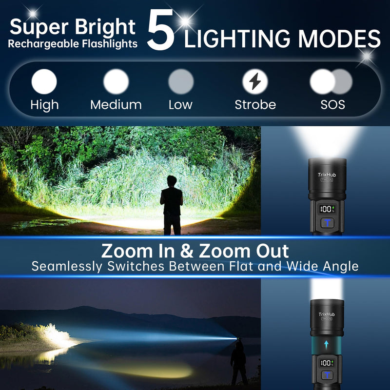 Rechargeable Flashlights High Lumens, 950,000LM Super Bright Flash Light, 5 Modes Zoomable Linternas with LCD Digital Display, Powerful Handheld LED Flashlights for Emergencies Camping Black