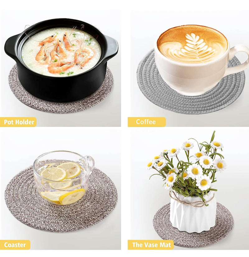 Zhiheng 5 Pack Round Coaster Potholder Cotton Braided Trivets Coffee Cup Mat Drink Tableware Hot Pots Placemats for Cooking Baking Housewarming Party Table Decorations (10inch,Beige) 10inch Beige