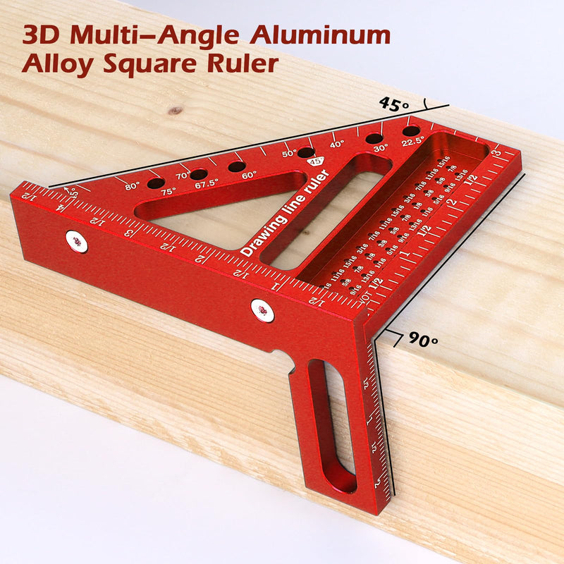3D Multi-Angle Measuring Ruler -Precision Woodworking 3D Square Protractor 22.5-90 Degree and Miter Triangle Ruler - Aluminum Alloy Drawing Line Ruler for Engineer Carpenter and Craftsmen Red…