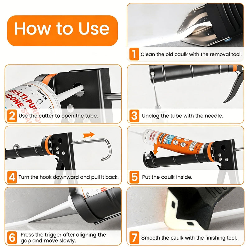 Caulk Gun Kit with Caulk Remover Tool – 3 in 1 Caulking Tool Set for Caulking Removal, Includes Smooth Silicone Caulking Gun, Scraper, Grout Balls, Finishing Tools for Bathroom Kitchen Window Tile Caulk Gun with Remover Kit