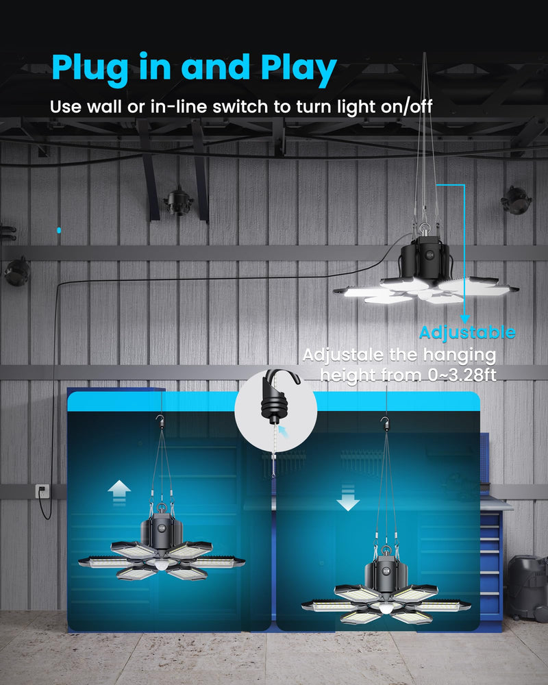 Motion Sensor LED Garage Light 200W Plug in 2Pack, Linkable Garage Ceiling Light Led, Motion Activated Light Indoor Blub - 360° Detection for Workshop/Basement 6+1 Panels Plug-in