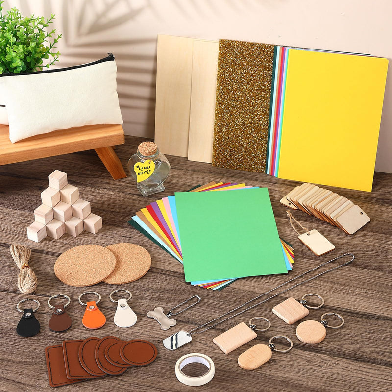 Dunzoom 96 Pcs Laser Material Explore Kit Laser Engraving Material for Laser Crafting, 18 Kinds Laser Engraving Accessories Includes Leather, Acrylic, Basswood, Metal, Wood Materials